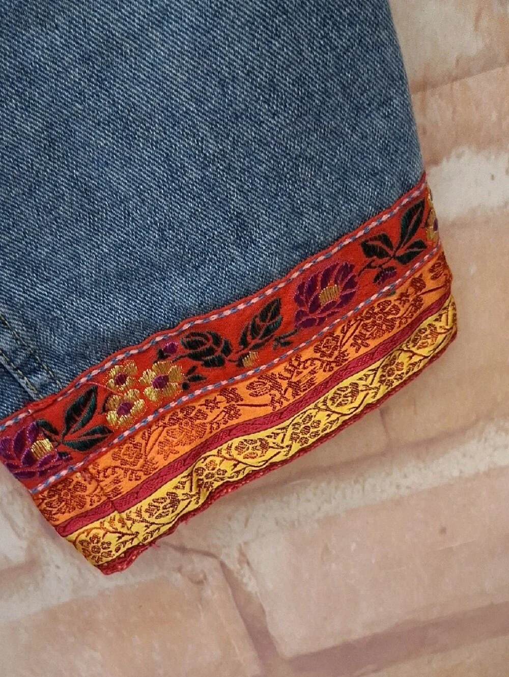 Boston Proper Blue Cropped Jeans with Red-Orange Embroidered Cuffs